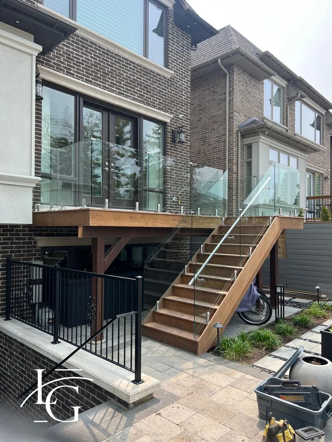 Backyard deck glass railing with stairs — Mississauga, GTA