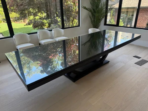 Black glass dining table top, 12 mm eased edges — Oakville
