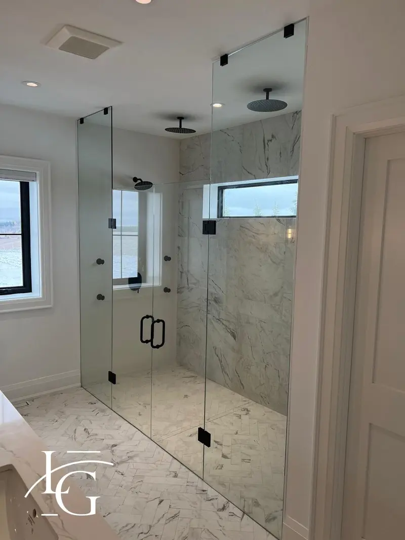 Double-door frameless shower with black hardware
