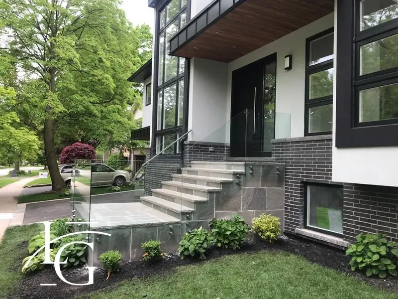 Standoff glass railing at front entry steps, 12 mm — Etobicoke