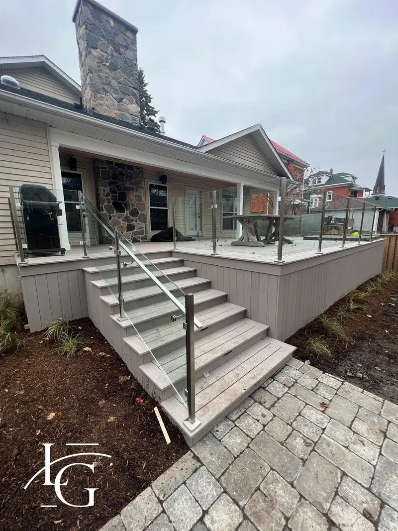 Post-system glass railing on deck stairs, 10 mm tempered — Mississauga