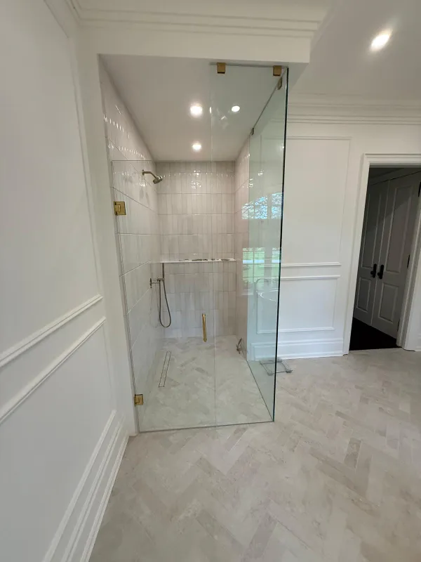 Three-piece corner shower door, 10 mm tempered — Burlington