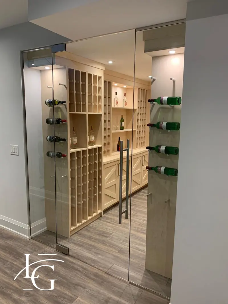 Glass wine cellar doors with black hardware, 10 mm tempered