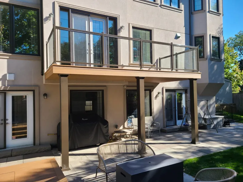 Aluminum framed glass railing, model GR1, on a rear elevated deck