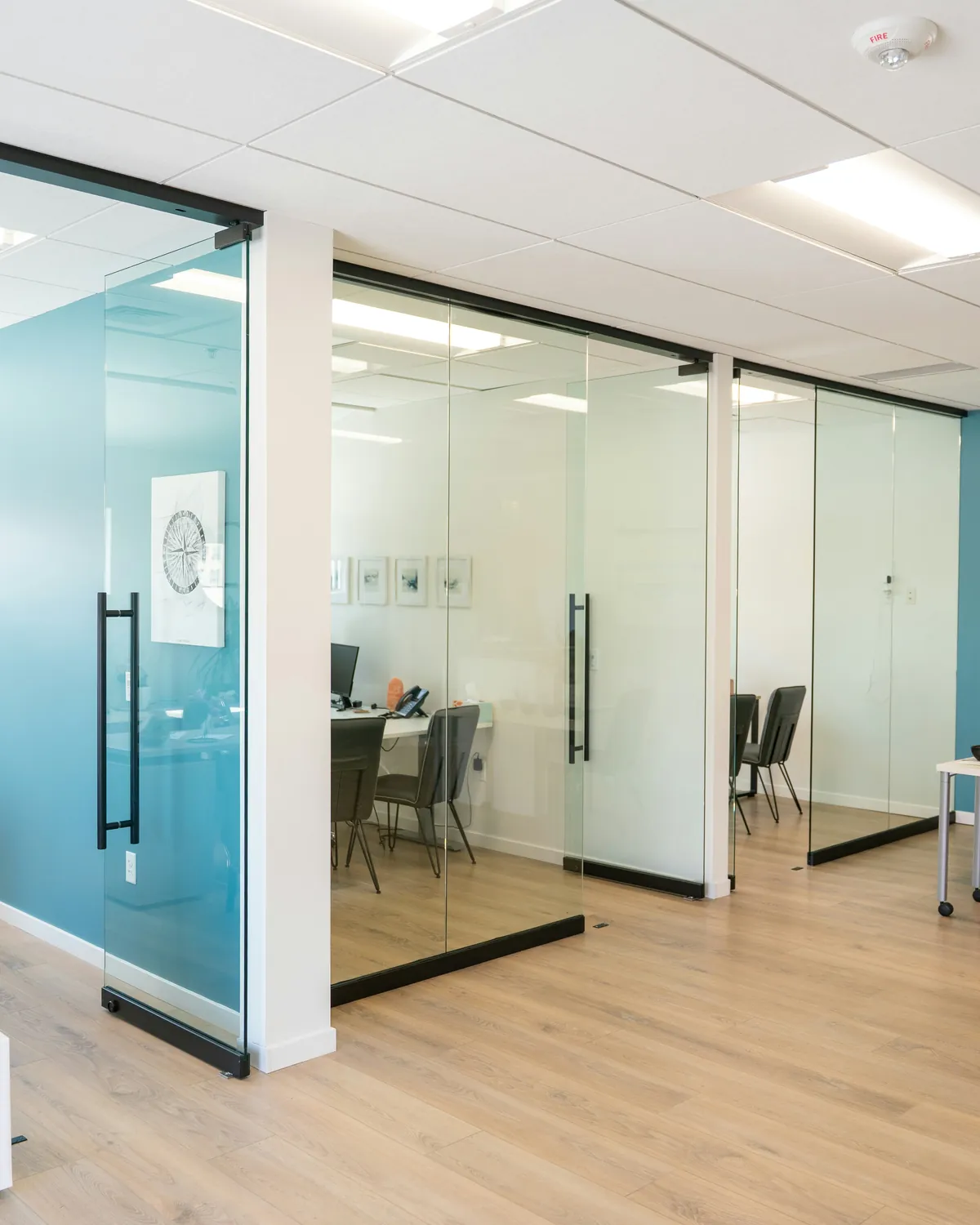Frameless glass office fronts with hydraulic patch-fitting swing doors and long black pull handles in a bright open-plan office