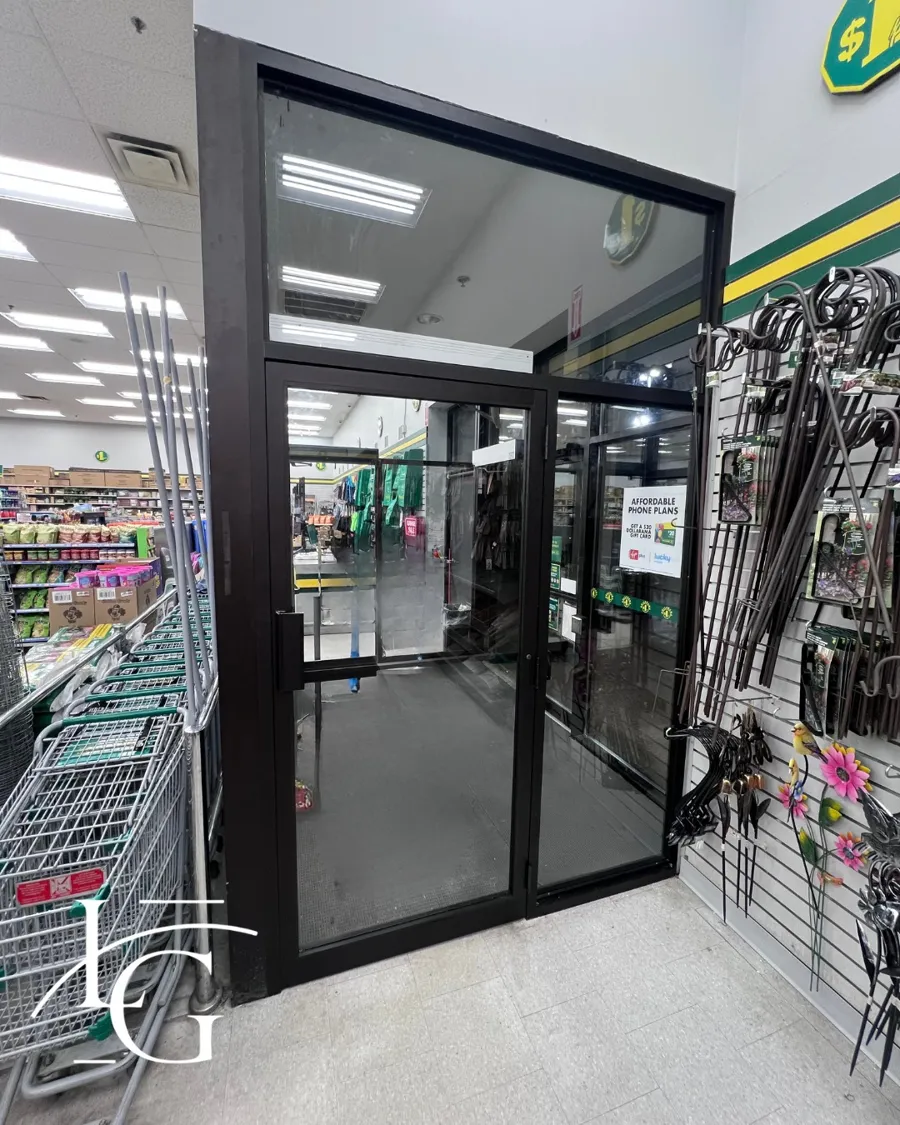 Aluminum and glass entrance installed by Lux Glass in Hamilton, vestibule