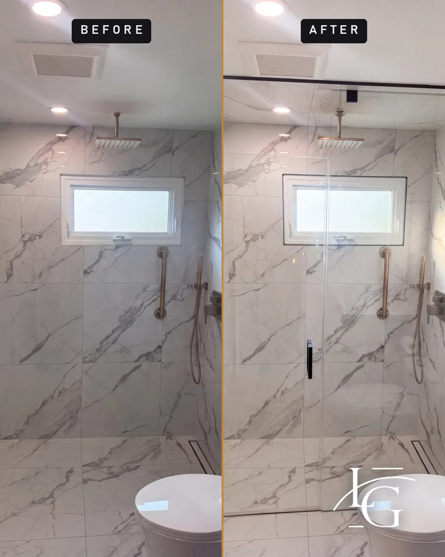 Frameless shower installed by Lux Glass in Etobicoke, matte black hardware