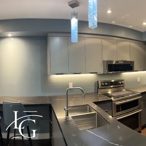 Glass backsplash installed by Lux Glass in Burlington