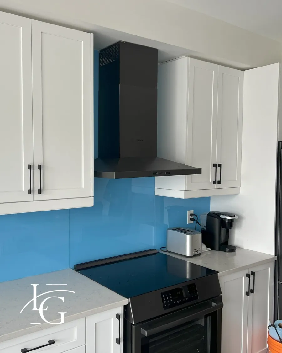 Glass backsplash installed by Lux Glass in Cambridge