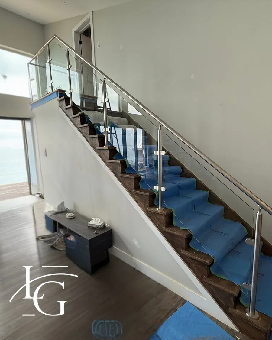 Glass railing installed by Lux Glass at a cottage, stair